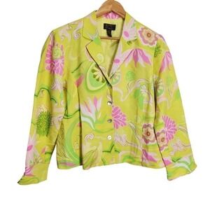 DT Collection Blazer Womens 12 Yellow Linen Bright Floral Retro Short Casual
